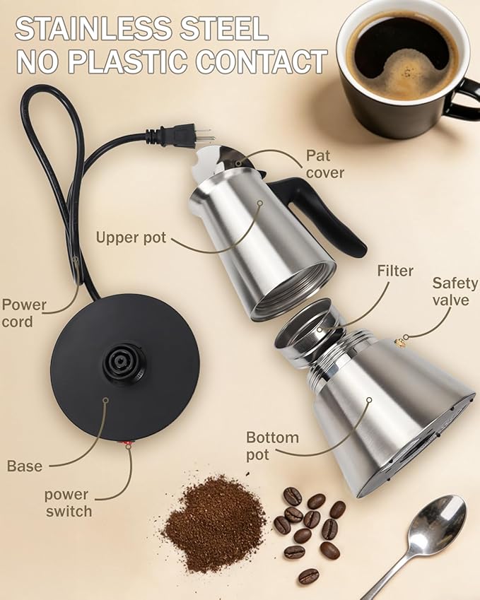 Electric Moka Pot with Detachable Base Stainless Steel Espresso Maker 10oz 6 Cup 300ml Silver Italian Coffee Maker for Kitchen Home 110V