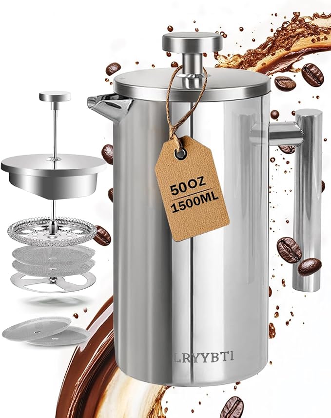 French Press Coffee Maker,304 Stainless Steel Coffee Press with scale lines and 2 Extra Filters for Kitchen & Camping (Silver, 50 OZ) 1.5 Litre