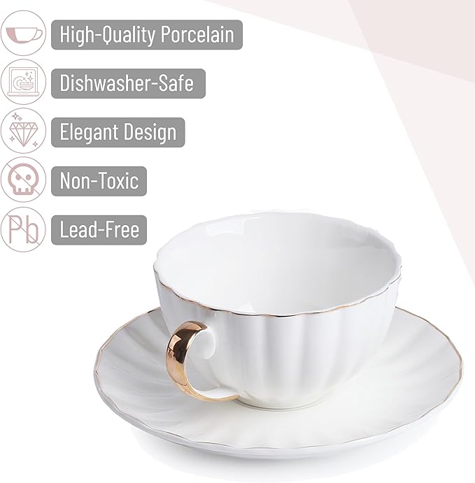 BTaT- Cappuccino Cups with Saucers 7 oz, Set of 12, White Porcelain Coffee Cup and Saucer Set for Latte with Golden Trim Design, Dishwasher Safe, Mocha, Tea, Au Lait, Flat White