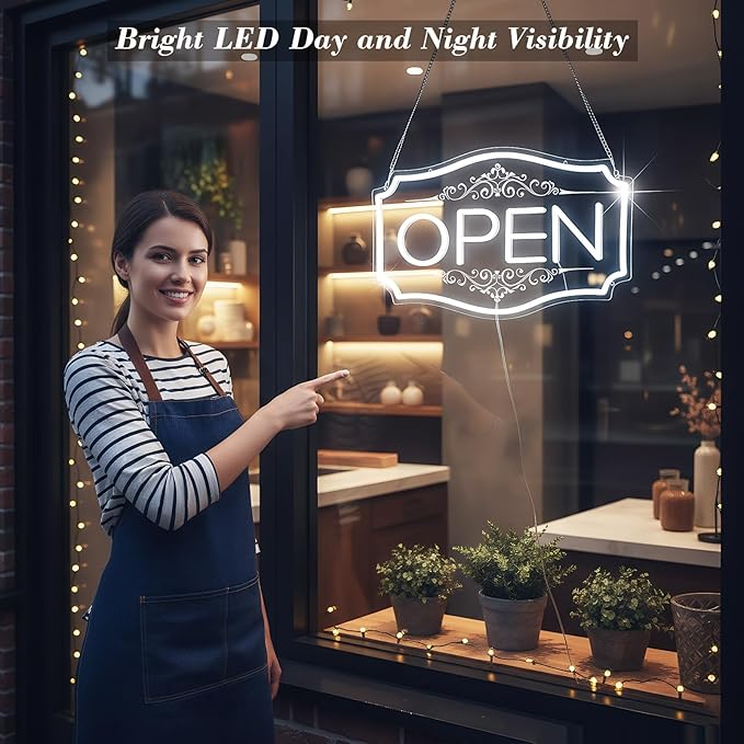 22" x 13" Open Sign for Business, LED Dimmable Neon Open Sign with 12V/2A Adapter, White, Bright LED to Light Up Storefronts, Windows & Walls