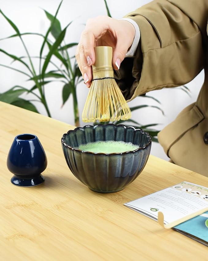 Artcome Matcha Tea Set - 17oz Petal-Shaped Matcha Bowl, Bamboo Whisk, Scoop, Whisk Holder & Brewing Guide, Japanese Tea Ceremony Tools for a Perfect Matcha Experience, Grayish Blue