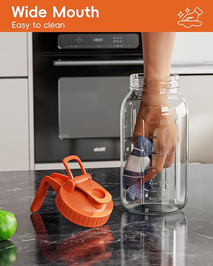 Glass Pitcher with Airtight Lid and Spout, 64oz Mason Jar Pitcher - Wide Mouth, Leakproof Water Jug for Juice, Sun Iced Tea, Cold Brew Coffee, Milk Storage, Orange