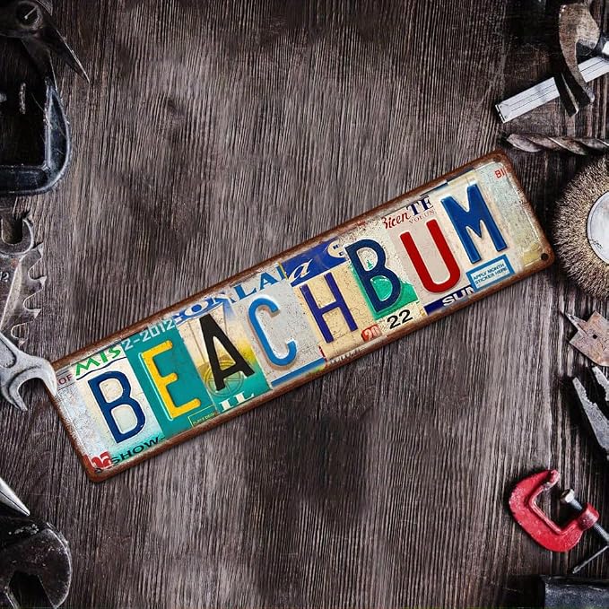 Vintage License Plate BEACH BUM Sign – 16x4 Inch Rustic Tin Wall Décor for Beach House, Coastal Cottage, Patio, Poolside or Tropical Bar - Image 6