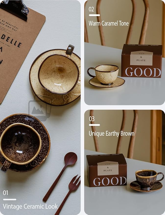 Ceramic Coffee Cup and Saucer Set 5.4oz (160ml), Brown Speckled Glaze Espresso Cup with Plate, Small Cappuccino Cup for Home, Café, Office