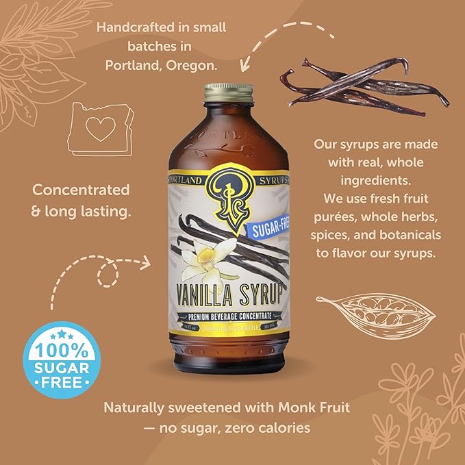 Portland Syrups Sugar-Free Vanilla Syrup - Smooth Creamy Classic Vanilla for Lattes, Cold Brew, Iced Tea, Smoothies, Desserts, No Artificial Aftertaste, 12 oz Bottle, 24 Servings Pack of 1