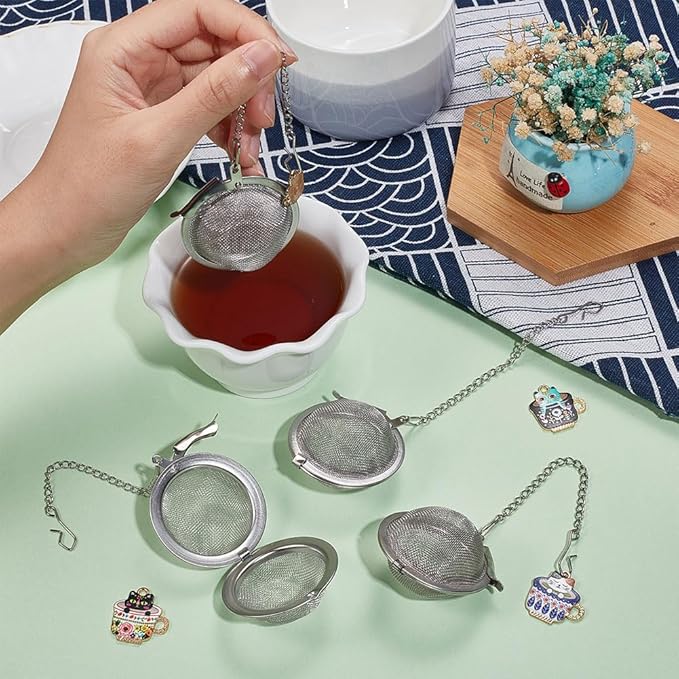 UNICRAFTALE 4 Sets 304 Stainless Steel Loose Leaf Tea Ball Mesh Tea Strainer with Alloy Enamel Pendants Round Tea Strainer Set with Cat Cup Pendant for Brew Tea, Spices & Seasoning