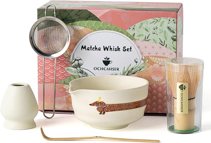 Matcha Set with Dog Pattern, Japanese Matcha Whisk Set Includes Matcha Bowl with Spout, Whisk Holder, Bamboo Whisk and Scoop, Matcha Sifter, 17 oz Ceramic Matcha Kit for Tea Lovers (Beige)