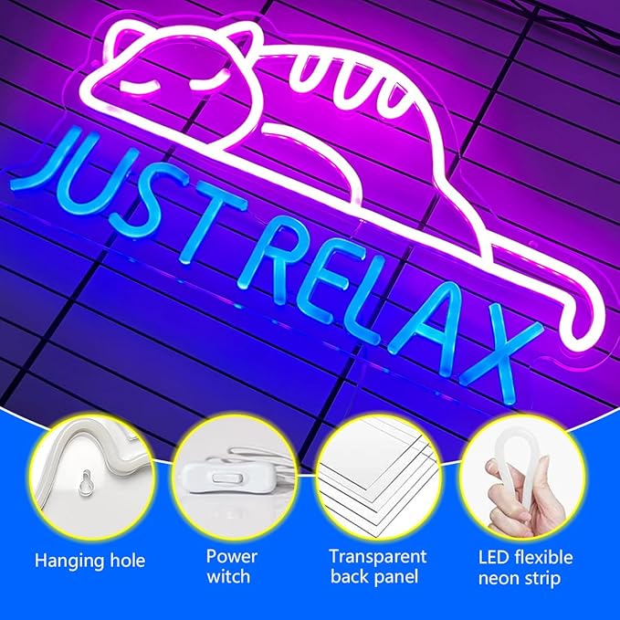 Cat Led Neon Sign Just Relax Words Neon Sign Pink Blue Led Signs for Wall Decor Animal Wall Art Neon Light Sign USB Powered for Pet Lover Party Bedroom Birthday Game Room Man Cave Gifts