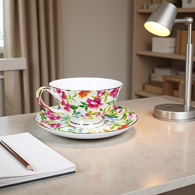 Tea cup and Saucer Set Royal Garden Style Tea Coffee Cup with Saucer 7 Ounces Bone China Teacup and saucer Set(White)