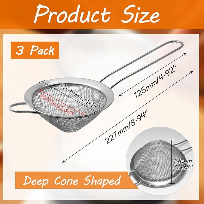 Biaungdo 3 Pcs 8.5 cm/3.3 Inch Fine Mesh Strainer, Stainless Steel Tea Strainer Conical Mesh Strainers Sieve for Cocktail, Coffee, Food, Noodles, Tea Filter(Big)