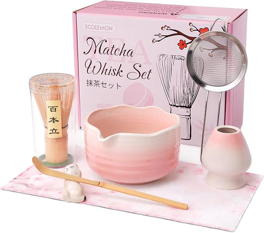 7-Piece Pink Matcha Set, 18oz Gradient Pink Sakura Matcha Bowl with Spout, Bamboo Whisk and Holder, Matcha Kit, Cute Macha Gift Set for Women & Matcha Lovers Starters, Mother's Day Gift