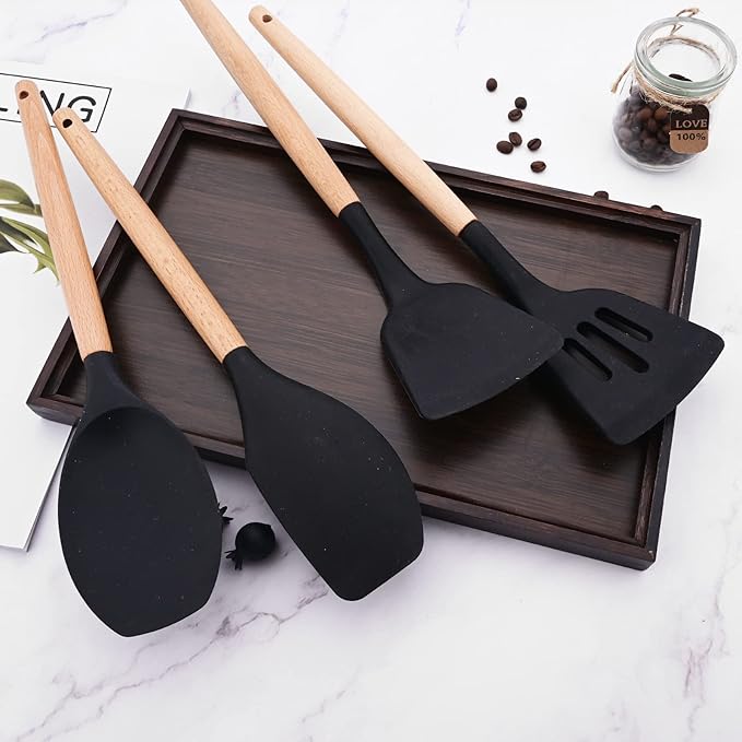 1pcs Black Silicone Spatula Set, Heat Resistant Baking Spoon, Nonstick Rubber Scraper Spatula Spoon Set with Wooden Handle for Baking Cooking Mixing