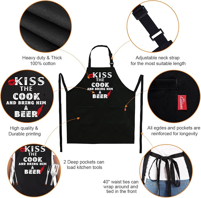 Grilling Apron - KISS THE COOK AND BRING HIM A BEER - Funny BBQ Aprons for Men Women Chef, Adjustable Kitchen Bib Apron with 2 Pockets and 40" Long Ties, Perfect for Cooking, Baking - Black - Image 3