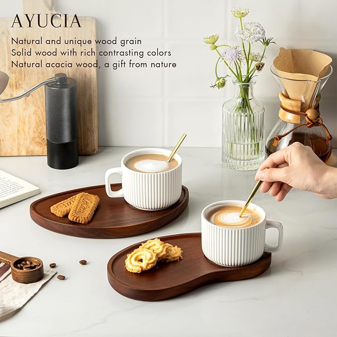 Tea Cups and Saucers Set of 2, 8OZ Cappuccino Cups with Acacia Serving Saucers and Spoons, White Cream Ceramic Coffee Mugs with 9.4inch Wooden Plates for Latte Dessert Breakfast