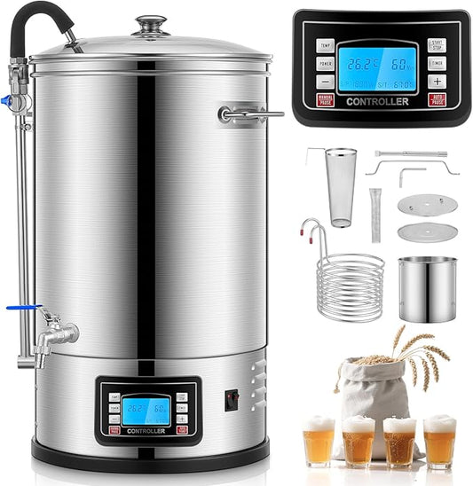 FOHERE Electric Brewing System, 9.2 Gal/35 L Brewing Pot, All-in-One Home Beer Brewer, Stainless Steel Mash Boil Device with 7-step Programmable Mashing Process,10 Recipe Memory (Silver)