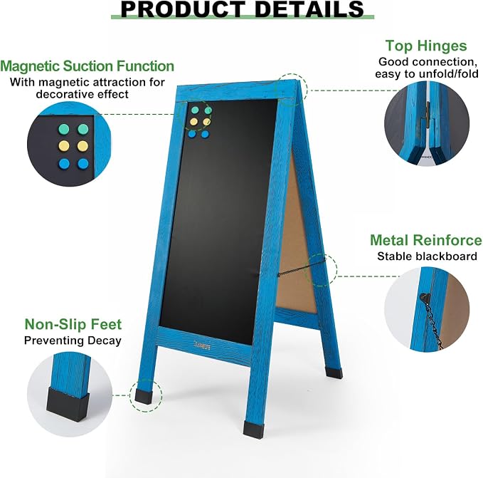 Large Sandwich A-Frame Chalkboard Sign - 40 x 20 Inches Blue Magnetic Wooden Chalk Board for Sidewalk, Stand up Double-Sided Outdoor Easel Display for Restaurant Cafe Shop Wedding Party or Business - Image 3