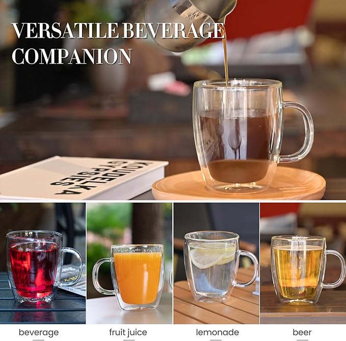 YUNCANG Double Wall Insulated Coffee Mugs, 16 Ounces - Clear Glass, Cappuccino & Latte Cups, Heat Resistant