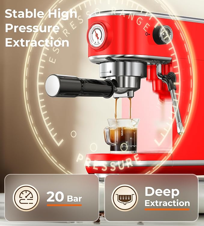 20 Bar Espresso Machine with Milk Frother, Compact Espresso Maker, Stainless Steel Coffee Machine with Precise Temp Control & 44oz Removable Water Tank for Latte, Cappuccino, Red