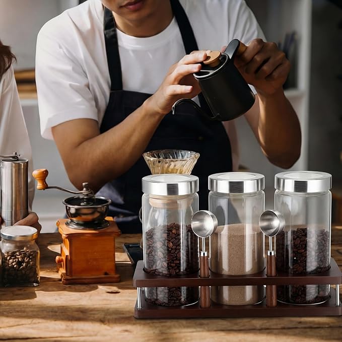 Suclain 3 Pcs Glass Coffee Bean Container 44 oz Airtight Coffee Canister with Shelf and Measuring Spoon Kitchen Food Canister Jar for Sugar Candy(Artsy Style, Wood, Glass, Stainless Steel, Acrylic)