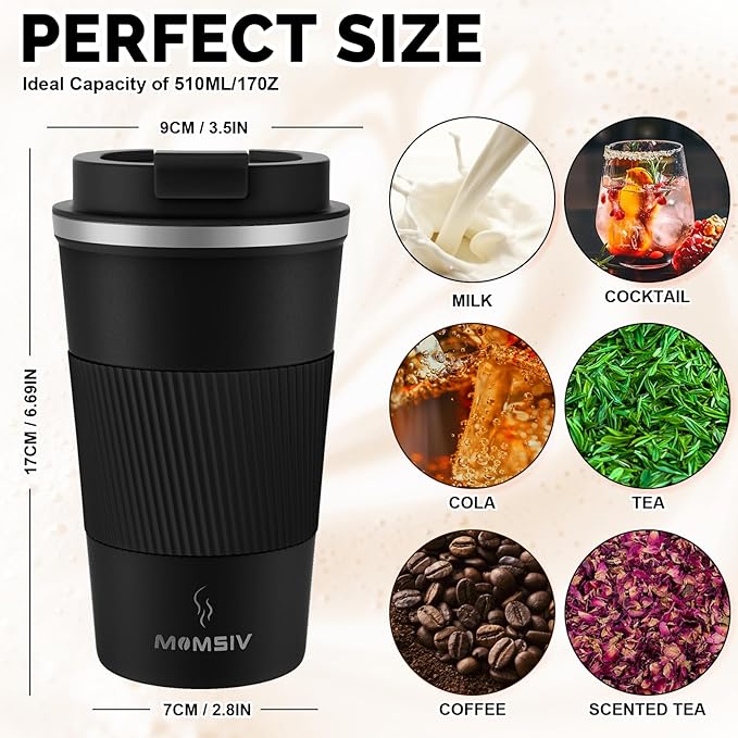 MOMSIV 17oz Travel Mug, Insulated Coffee Cup with Leakproof Lid, Vacuum Stainless Steel Double Walled Reusable Tumbler for Hot and Cold Water Coffee and Tea In Travel and Car