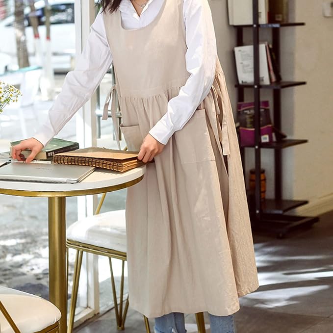 Premium Plus Size Apron Adjustable Waistline Bib Apron,Soft Cotton Blend Apron with Pockets (Cream Color) - Image 3