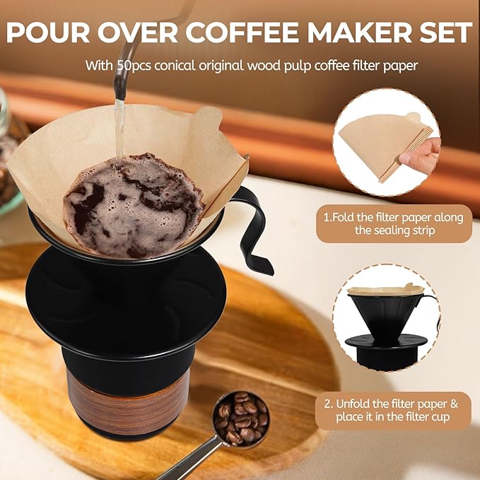 Pour Over Coffee Maker 300ml Portable Cup 304 Thickened Stainless Steel Drip Coffeemaker Set with 50pcs V60 Cone Paper Filters Hand Brew Dripper Carafe for Home Camping Travel 10.2oz Black