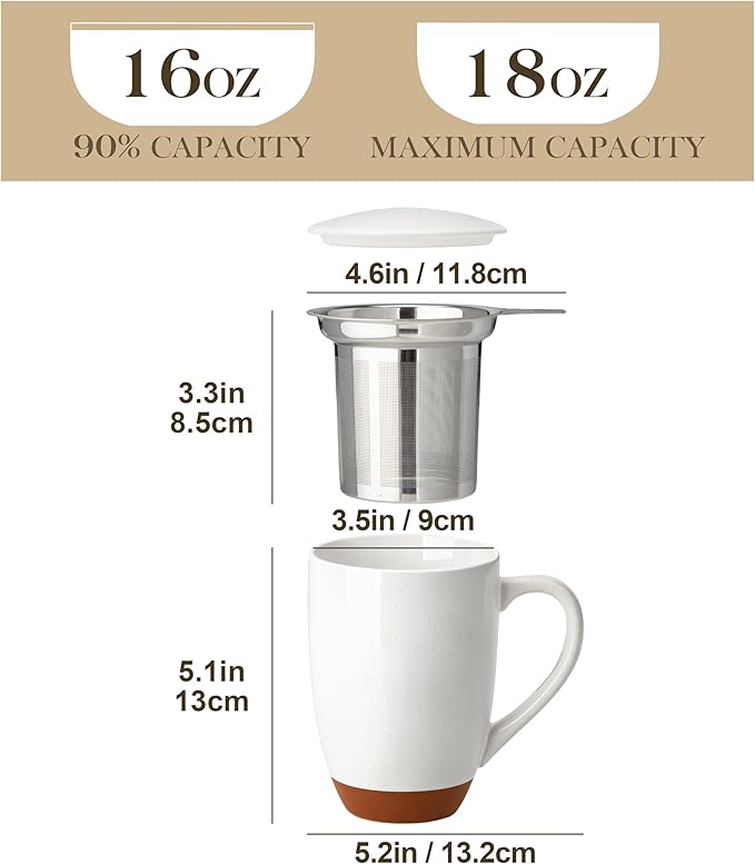 MALACASA Ceramic Tea Mug with Lid and Stainless Steel Infuser, 18 oz Large Tea Cup for Loose Leaf Tea, Heat-Resistant, Microwave & Dishwasher Safe, Speckled Glaze Coffee & Tea Brewer Mug, Khaki White