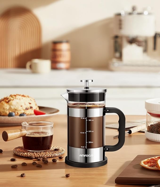 French Press Coffee Maker - 21OZ Classic Glass Coffee Press, Heat-resistant Borosilicate Glass Coffee Pot with 4-Level Disassemble Filters, Portable Cold Brew Coffee Maker for Travel Home Gift(Sliver)