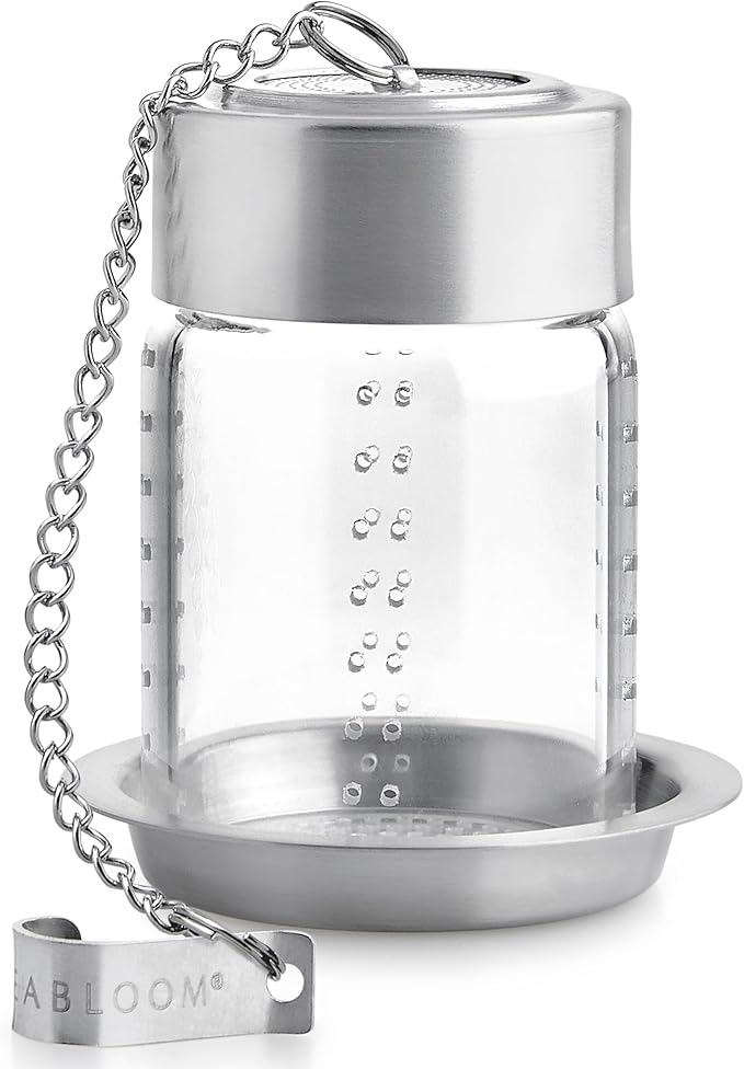 Teabloom Elegant Glass Tea Infuser – Patent-Pending, Lead-Free & Non-Toxic, Designed for Whole Loose-Leaf White, Green, Oolong, Black & Herbal Teas – Small or Large