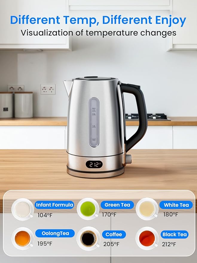 Kismile 1.7L 1500W Electric Kettle with 7-Precision Temperature Control, 2h Keep Warm, Auto Shut-Off, Water Level Window, Water Boiler for Coffee & Tea
