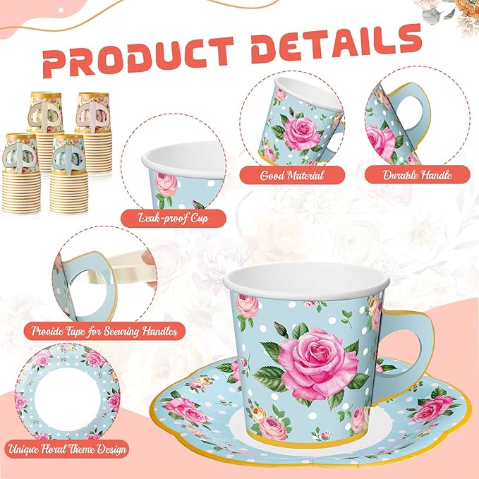 Umigy 36 Sets Tea Party Decorations 9 oz Floral Paper Tea Cups with Handle and Plates Disposable Blossom Teacups and Saucers Sets for Girls Kids Birthday Garden Wedding Party Supplies(Multicolored)