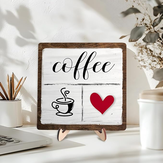 Vintage Coffee Bar Decor Sign,Rustic Wooden Plaque for Java Station, Kitchen,Cafe or Tea Corner, Funny Jave Gift for Coffee Lovers,Cute Heart Design Cafe Decor 5.9x5.9inch