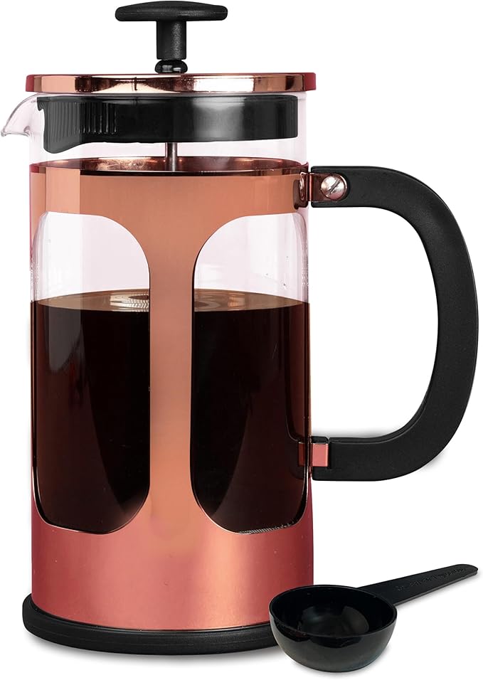 Farberware French Press Coffee Maker, Tea & Espresso Maker, Stainless Steel Cold Brew Press, Heat-Resistant Borosilicate Glass, BPA-Free, Measuring Spoon Included, 8 Cup Capacity (Rose Gold)