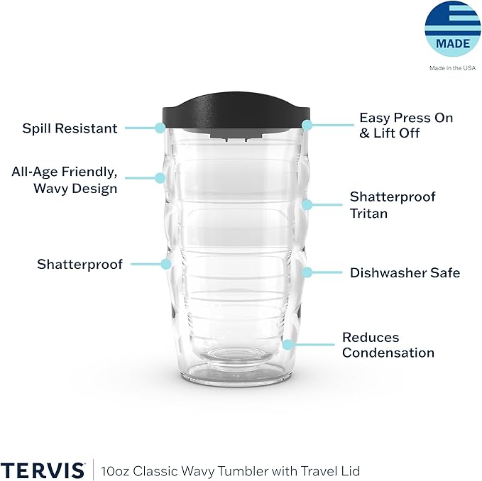 Tervis Clear & Colorful Lidded Made in USA Double Walled Insulated Tumbler Travel Cup Keeps Drinks Cold & Hot, 10oz Wavy, Blue Lid