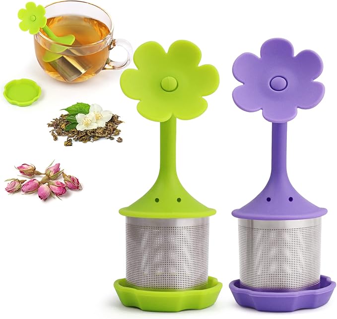 2-Pack Silicone Tea Steeper, Infusers - Fine Mesh Filters for Tea Leaves, Flowers; Purple or Green