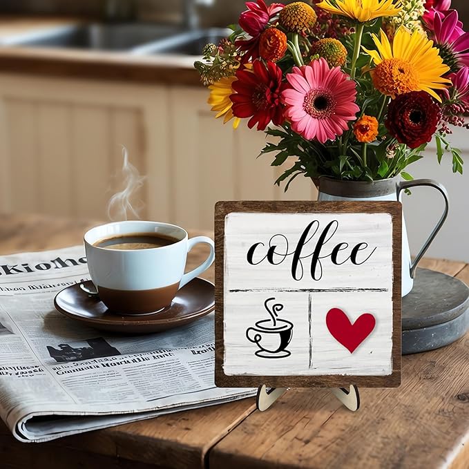 Vintage Coffee Bar Decor Sign,Rustic Wooden Plaque for Java Station, Kitchen,Cafe or Tea Corner, Funny Jave Gift for Coffee Lovers,Cute Heart Design Cafe Decor 5.9x5.9inch