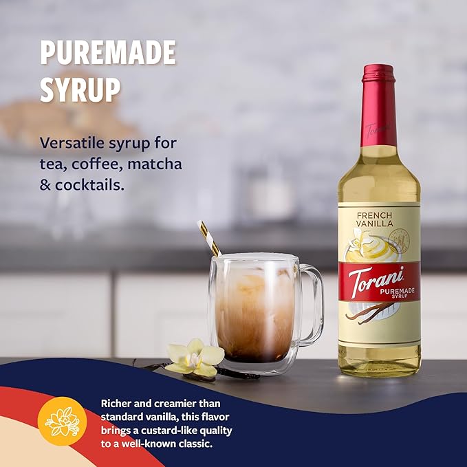 Torani Puremade Syrup, French Vanilla Flavoring for Drinks, Glass Bottle with Pump Included, 25.4 Fl Oz