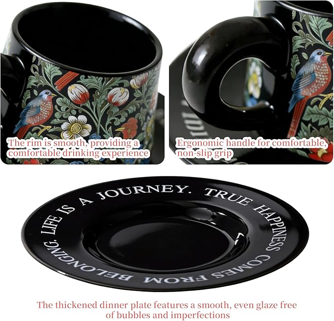Ceramic Cup and Saucer Set, Luxurious Coffee/Tea Mug, Vintage Beautifully Printed Cups with Handle Practical Gifts for Women Housewarming/Birthday/New Year/Valentine's Day/Mother's Day, 8.8oz (Black)