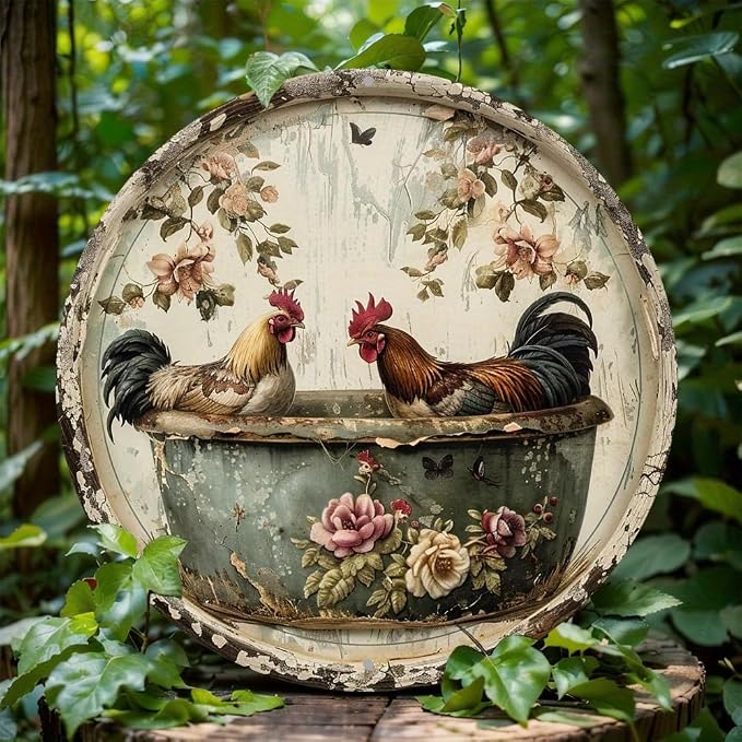 1pc Vintage Round Bathroom Aluminum Metal Decor Sign, 8x8 Inch, Chicken Themed Wreath, Use Without Electricity, No Feathers, with for Home, Living Room Wall Decoration by Unknown