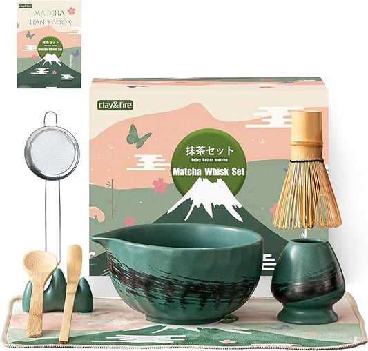 Clay&Fire Matcha Whisk Set，9 Pcs Ceramic Matcha Set, 15 OZ Matcha Bowl with Spout and Whisk，Matcha Kit for Friend, Ideal Gift for Matcha Lover（Dark Green）