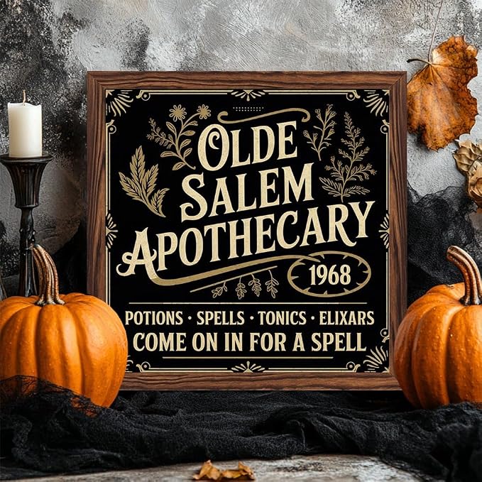 Halloween Decorative Sign, Olde Salem Apothecary Wooden Sign, With Frame Witchcraft Sign for Home Kitchen, Cafe, Bar, Garage Halloween Decor 7.87x7.87 Inch - Image 2