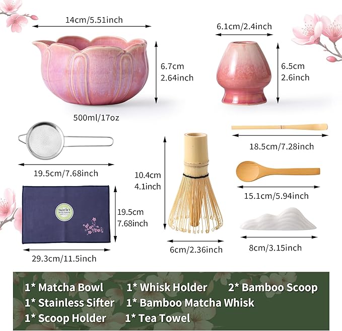 Matcha Whisk Set, Ceramic Matcha Set 8 Pcs, Matcha Kit Set Includes Matcha Bowl, Matcha Whisk and Holder, Bamboo Scoop and Rest, Sifter and Tea Towel, Ideal Gift for Family/Friend (Pink)