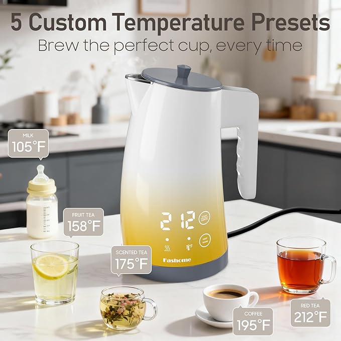 Electric Kettle with Temperature Control, 5 Preset Temps & 2H Keep Warm, 1200W Quiet Water Boiler, BPA-Free Double Wall Cool Touch, Digital Display, 360° Base – Yellow Gradient