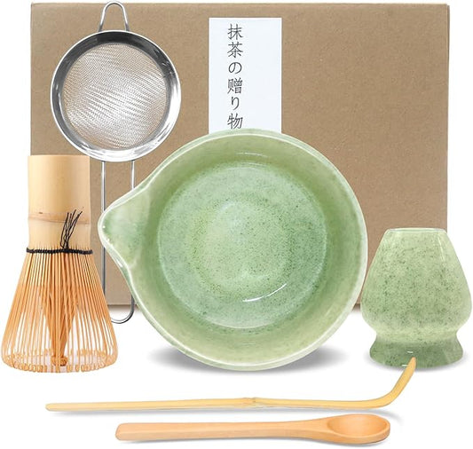 Matcha Whisk Set Green 6PCS Matcha Whisk and bowl(Chawan) With Matcha Spoon and sifter Matcha Kit for Ceremony Matcha Tea Set Gift for Matcha Lovers