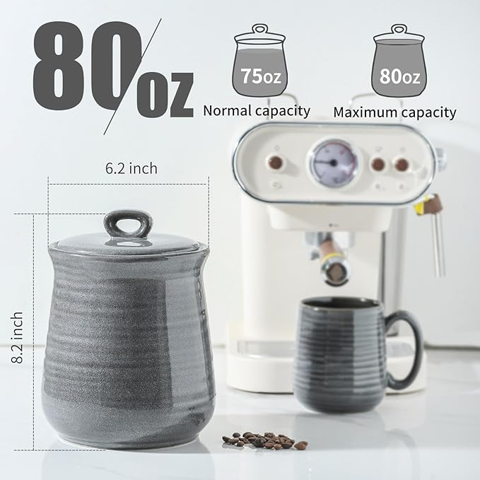HASENSE Coffee Canister with Airtight Lid, Porcelain Food Storge Container for Kitchen, Large Cookies Jar for Countertop, Ideal for Coffee Bean, Flour, Sugar, Cereal, 80 FL OZ(Grey)