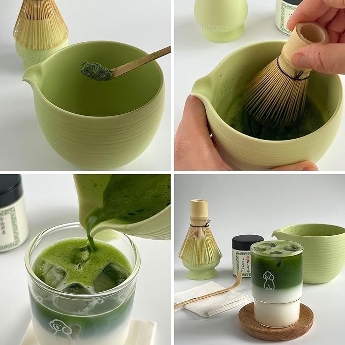 Matcha Whisk Set, Ceramic Matcha Bowl & Whisk Holder, Bamboo Accessory, Modern Design (Matte Crème, Pouring Spout) (Mint Green)