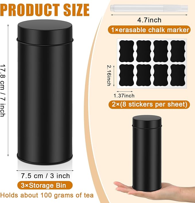 Tanlade 3 Pcs Metal Tea Tin Canister with Airtight Double Lids for Loose Tea Storage 23 oz Round Tin Can with 1 Erasable Chalk Marker and 16 Stickers Kitchen Container for Coffee Candy Spices