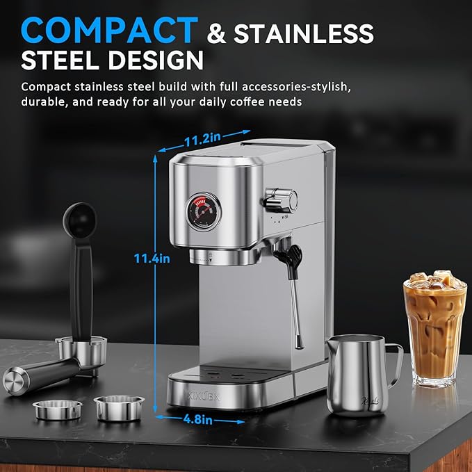 20Bar Espresso Machine, Compact Espresso Maker with Milk Frother, Stainless Steel Coffee Machine for Cappuccino&Latte, 42oz Water Tank, Visible Pressure Gauge, Home&Office, Silver
