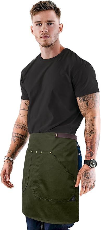 Under NY Sky Half Barista Apron - Brown Leather Strap - Riveted Pockets - Double Stiched - Leather Loop - Professional Twill - Bistro, Restaurant, Waiter, Bartender, Server - Green Half Waist Apron