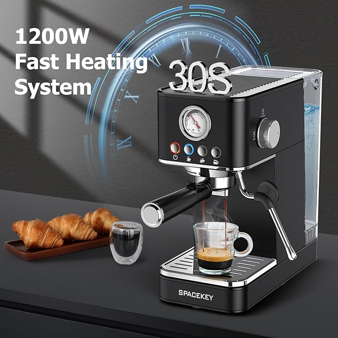 Spacekey Espresso Machine with Milk Frother, 20 Bar Professional Espresso Maker Semi-Automatic Espresso Coffee Machines for Home, Cappuccino, Latte Maker with 58oz Removable Water Tank, Black